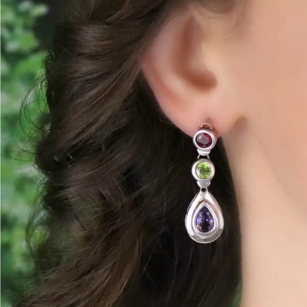 Vintage Sterling Silver 3 gem stones drop fine earrings